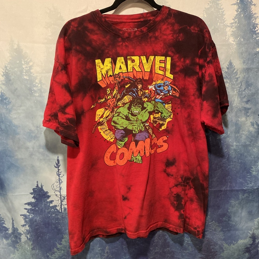 Marvel Comics T-Shirt Unisex‎ Adult Large Red Graphic Tie Dye Hulk Iron Man Y2K